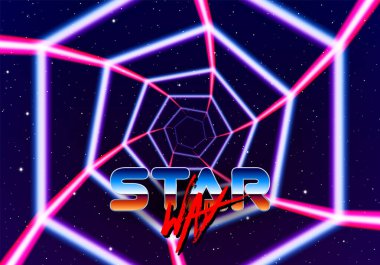 Uzayda 80 'lerin stil lazer çizgileri olan neon tüneli fütürist poster ya da broşür için. Yıldızlı bir kapı ve muhteşem parlak bir yol