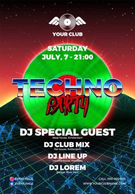 80 'lerin modası, atari salonu tarzı ve tekno-çılgın gece kulüpleri için plaklar. Kırmızı ve yeşil broşür ya da modern elektronik müzik dans partisi ilanı.