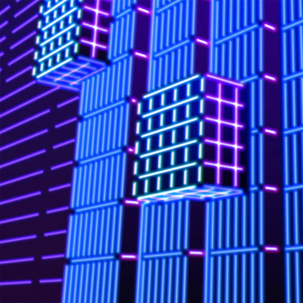Neonové Pozadí Ultrafialovou Zářící Mřížkou Let Stylově Modré Fialové Krajiny — Stockový vektor