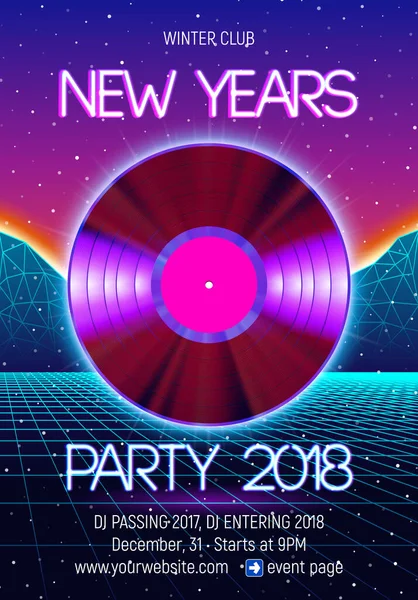 Capodanno Festa Invito Poster Volantino Con Vinile Retrò Anni Neon — Vettoriale Stock