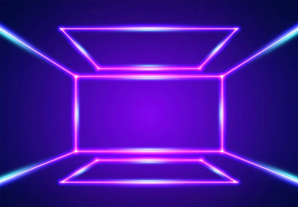 Helle Leuchtlinien Innenraum Hintergrund Mit Ultravioletten Laserstrahlen Stil Der 80Er — Stockvektor