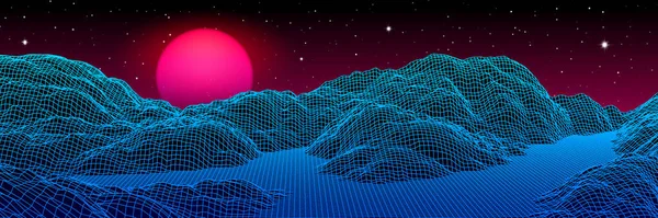 New Retro Wave parti afişi için 80 'lerin eski oyun tarzına sahip neon ızgara manzarası ve mor güneş veya 80' lerin yeniden canlanan müzik albümü kapağı
