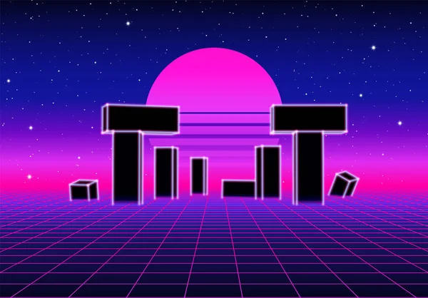 Neon Grid Landscape 80S Retro Wave Game Style Ancient Stone — Stock Vector