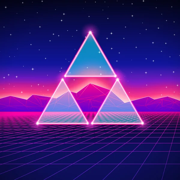 Retro styled futuristic landscape with triangles and shiny grid — Stock Vector