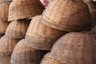bamboo baskets arranged in rows
