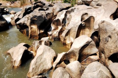 Su yosunlu kayaların arasından akıyor.