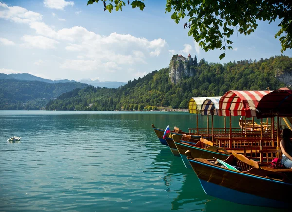 Barcos en el lago Bled horizontal — Foto de Stock