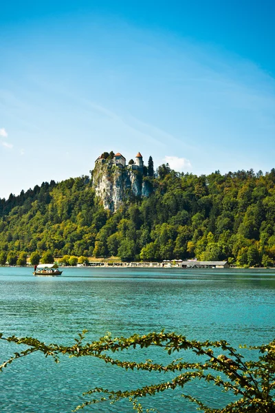 Bled kasteel uit het meer met boot verticale — Stockfoto