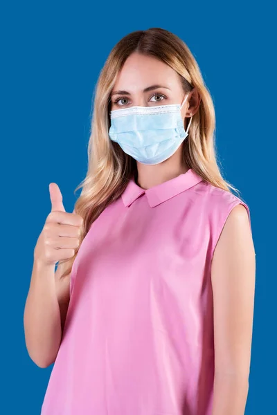 Young Woman Wearing Medical Mask Doing Thumbs She Wearing Pink Stock Image