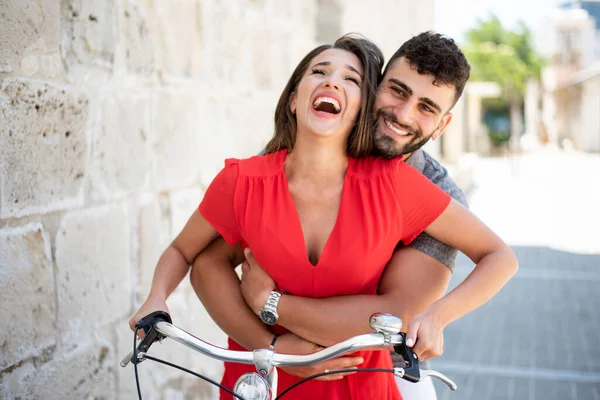 Shot Happy Young Couple Riding Bicycle City Stock Photo