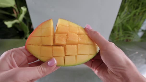 Kobieta otwiera pokrojone mango. Zwolniony ruch. — Wideo stockowe