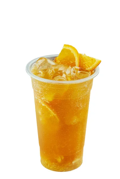 Lemon Iced Tea In Plastic Glass Isolated On White Background