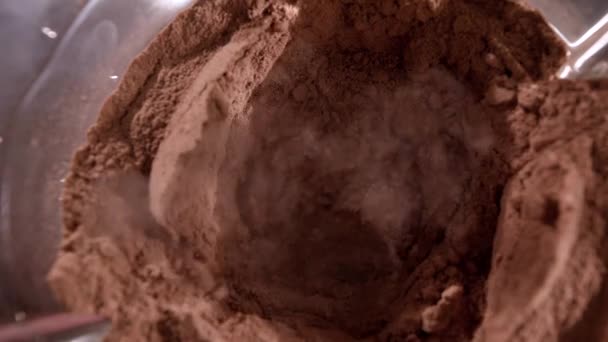 Cocoa powder is blended in blender. Wide angle. Top view. Close-up — Stock Video