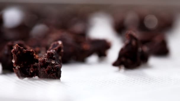 Chef de pastelaria coloca os pedaços de bolo de esponja de chocolate na mesa. Processo de fabricação de bolos — Vídeo de Stock