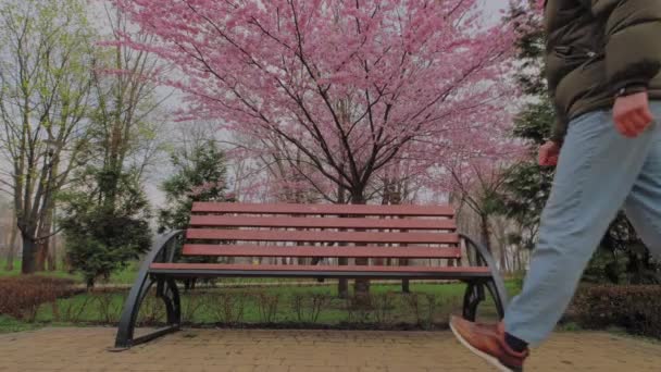 コロナウイルスの流行。公園のベンチでヨーロッパの男が激しく咳をした. — ストック動画