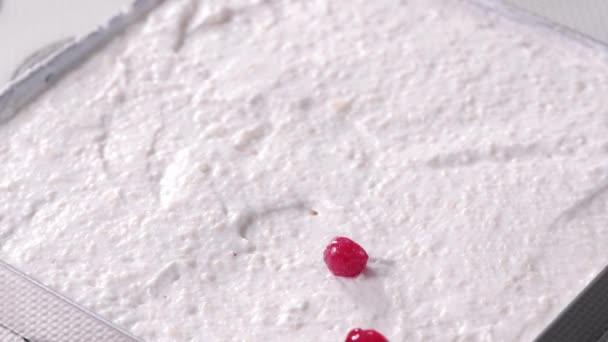 Cranberries cair em creme branco. O processo de fazer um bolo. — Vídeo de Stock