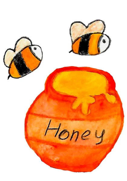 Ein Glas Honig Mit Der Aufschrift Bienen Fliegen Herum Eine — Stockfoto
