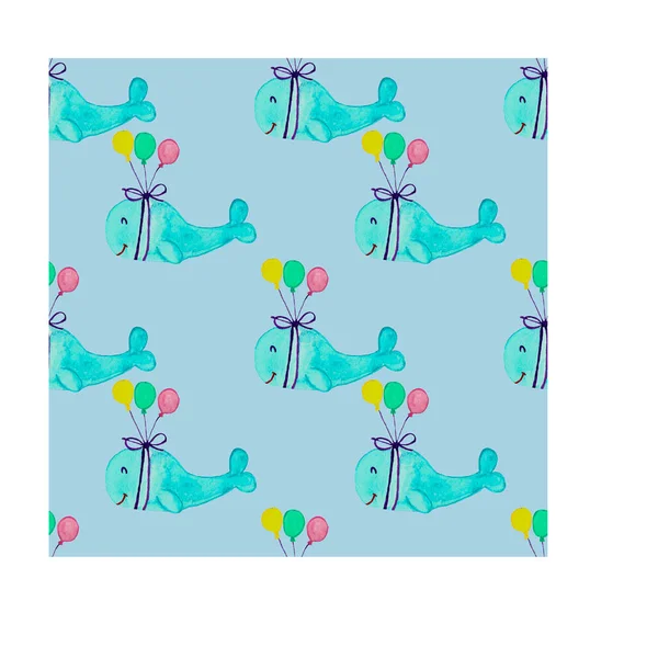 Seamless Pattern Blue Style Whale Flying Balloons Children Illustration Cute — Stock Photo, Image