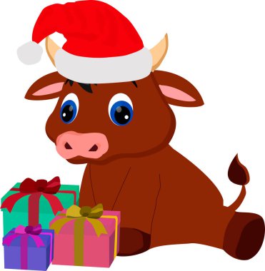 Yılın boğa sembolü Noel şapkası içinde bir sürü hediye, vektör çizimi, beyaz bir arka planda izole edilmiş.
