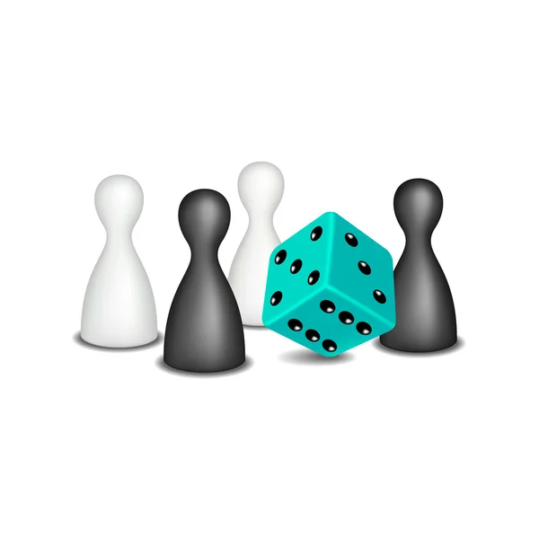 Figuras del juego de mesa en blanco y negro y dados turquesa — Vector de stock