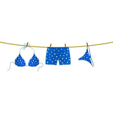 Mavi bikini takım elbise ile beyaz noktalar ve boxer şort ipte asılı beyaz yürekleri