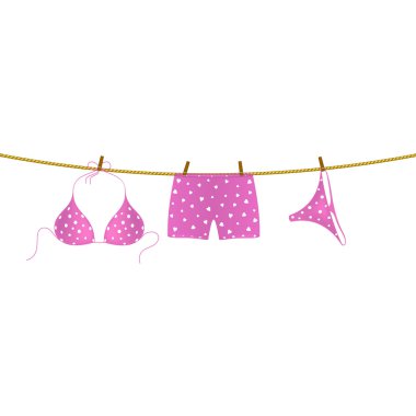 Beyaz noktalar ve boxer şort ipte asılı beyaz yürekleri ile pembe bikini takım