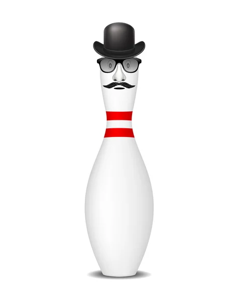 Bowling pin with bowler hat, mustache and glasses — Stock Vector