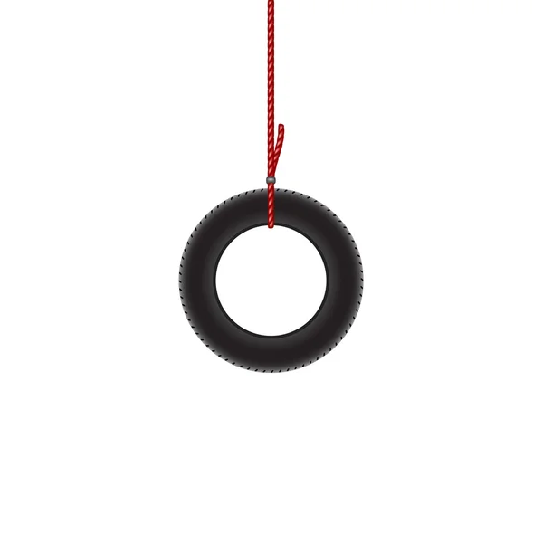 Car tire hanging on red rope — Stock Vector