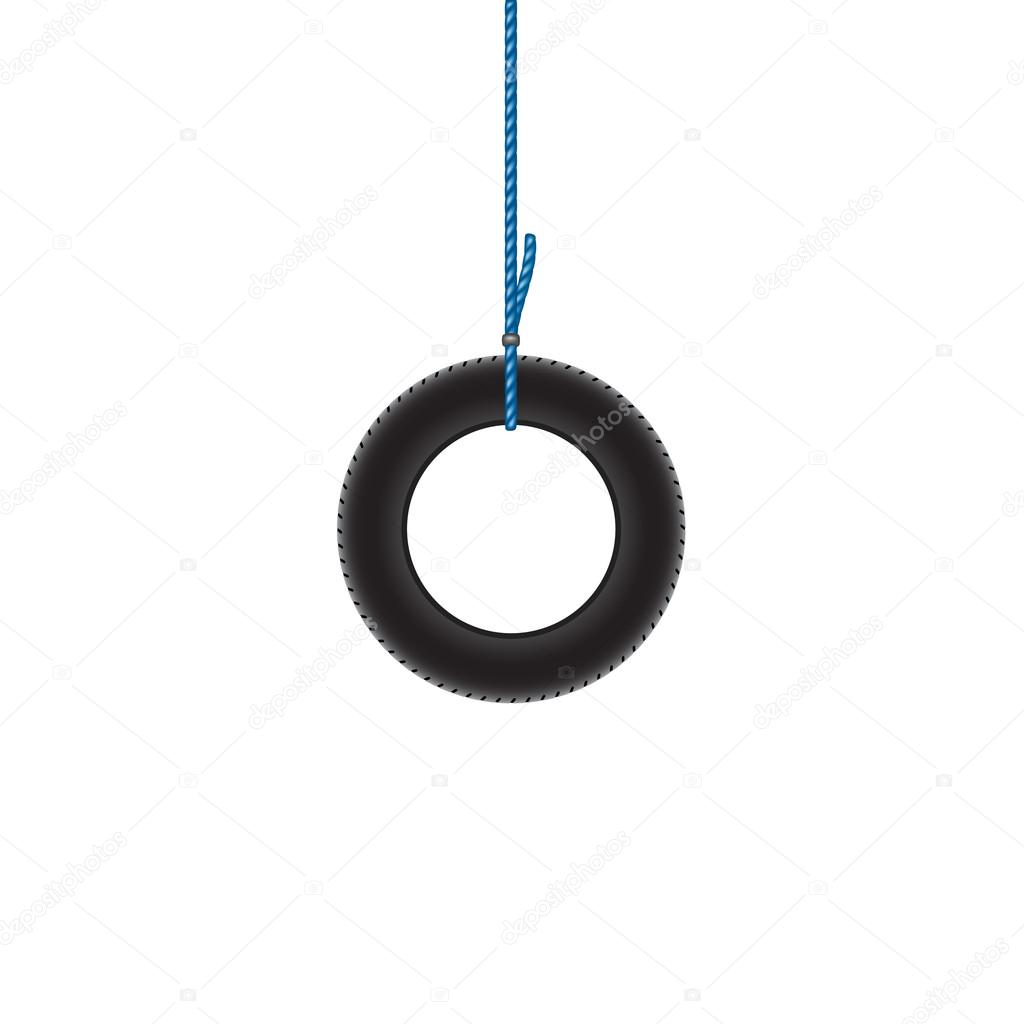 Car tire hanging on blue rope