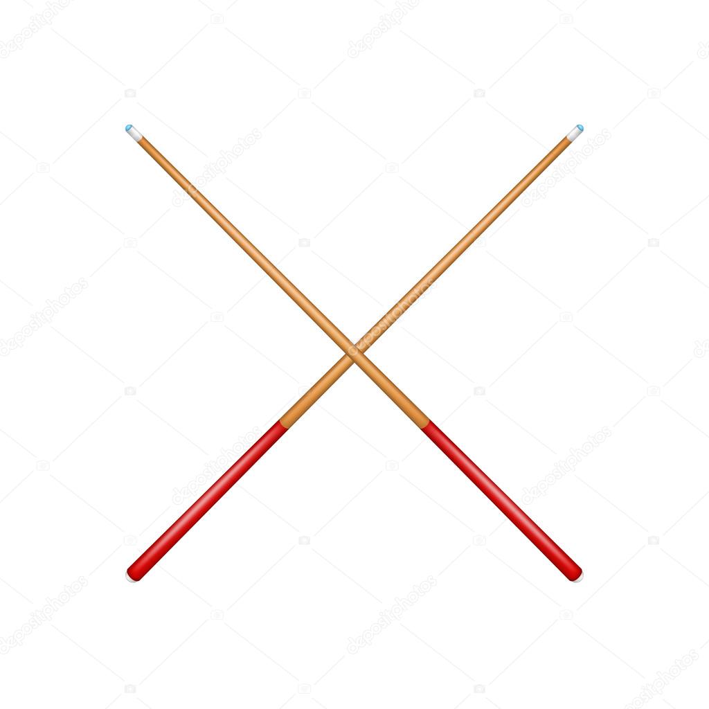 Two crossed billiard cues in retro design with red handle