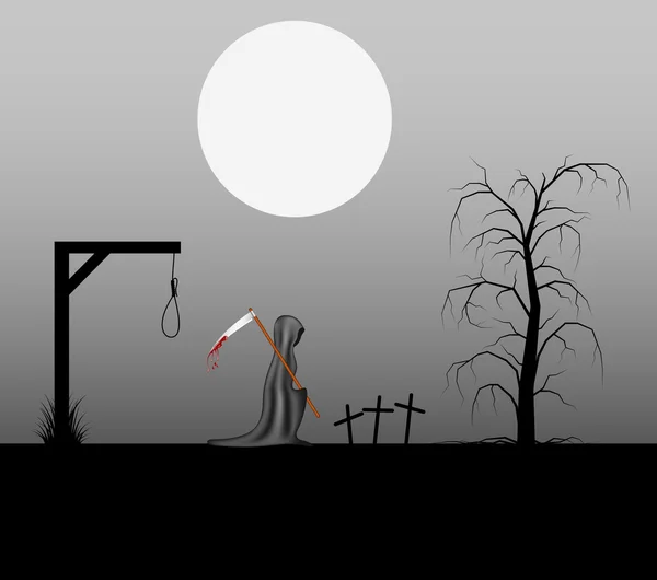 Страшный фон с мрачным жнецом с кровавой косой на кладбище — стоковый вектор