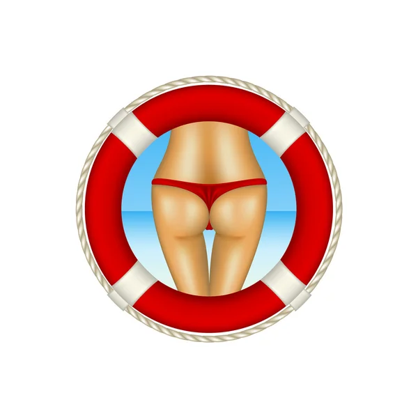 Красный спасательный круг с сексуальным задником женщины в красном бикини в качестве пляжной концепции — стоковый вектор