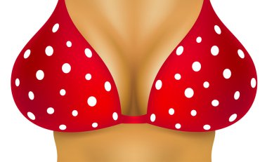 Beyaz noktalı kırmızı sutyen seksi göğüsler