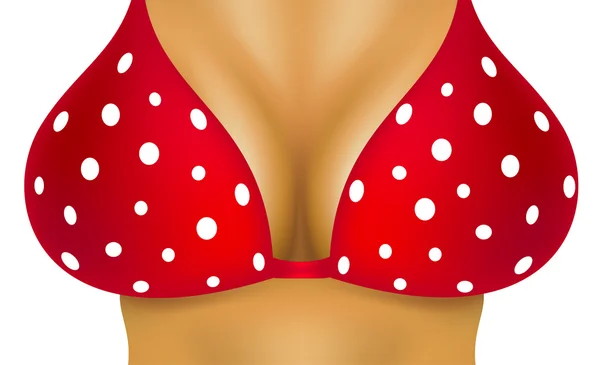 Sexy breasts in red bra with white dots — Stock Vector