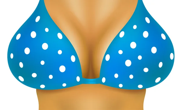 Sexy breasts in blue bra with white dots — Stock Vector