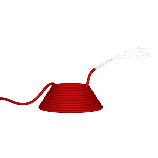 Garden hose in red design squirts water — Stockvector