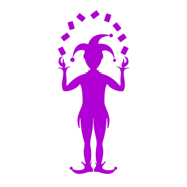 Фиолетовый силуэт джокера, играющего с картами — стоковый вектор