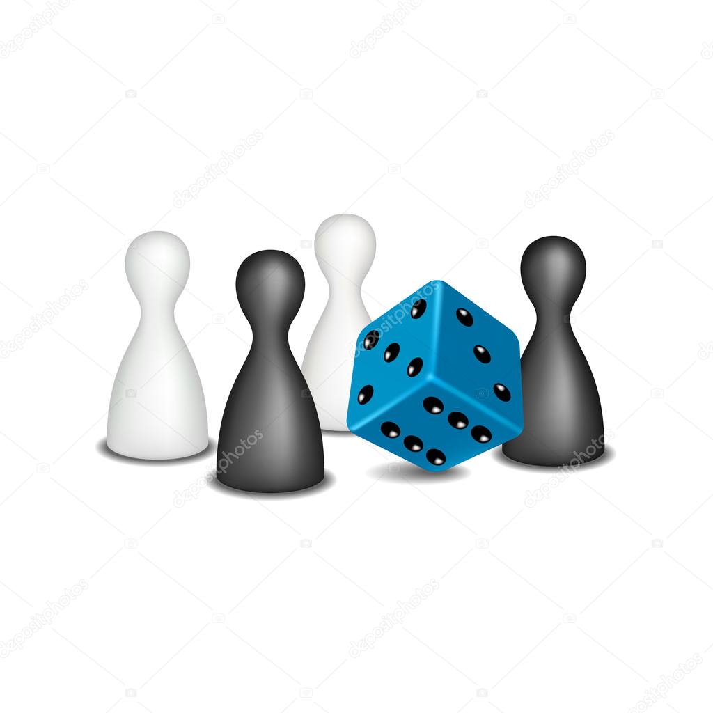 Board game figures in black and white design and blue dice