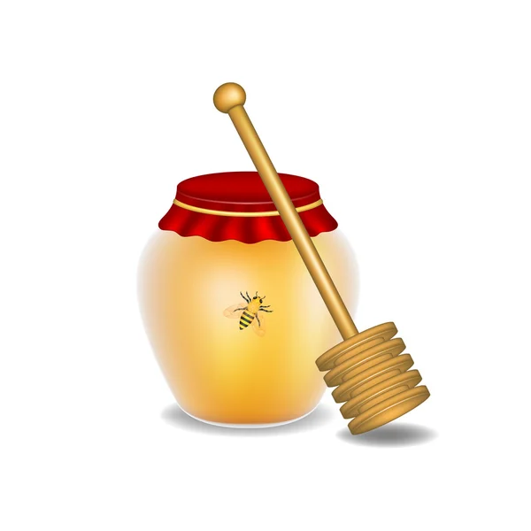 Miel dulce, abeja y tarro de miel de madera — Vector de stock