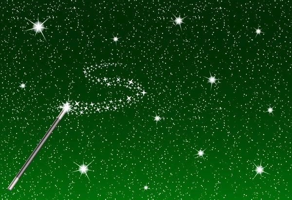 Nuit d'hiver avec des flocons de neige tombants, baguette magique et jet d'argent d'étoiles — Image vectorielle
