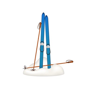 Old wooden skis and old ski poles standing in snow clipart