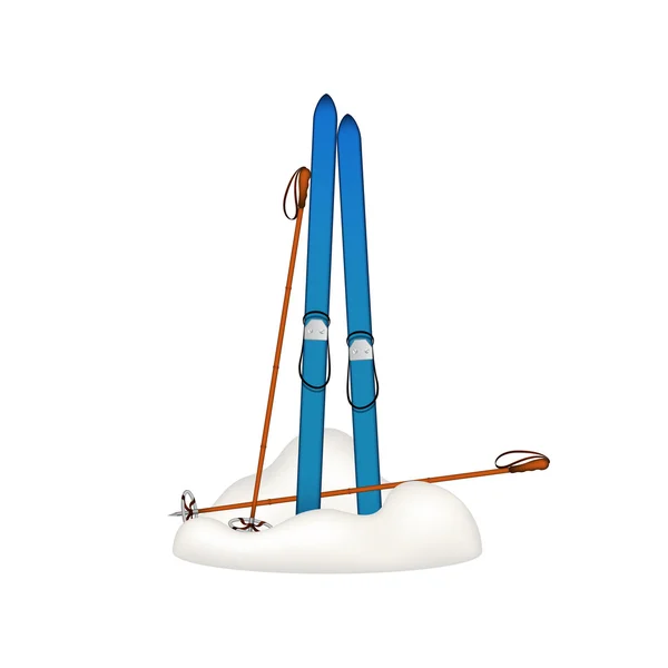 Old wooden skis and old ski poles standing in snow — Stock Vector