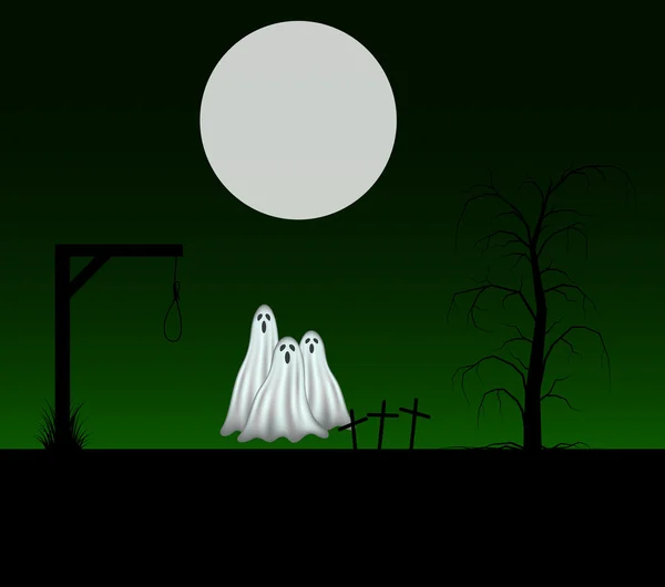 Gruseliger Hintergrund mit drei Geistern, die auf dem Friedhof stehen — Stockvektor