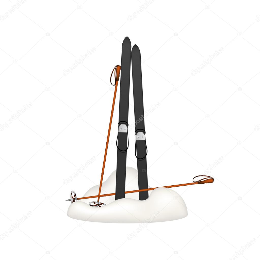 Old wooden skis and old ski poles standing in snow