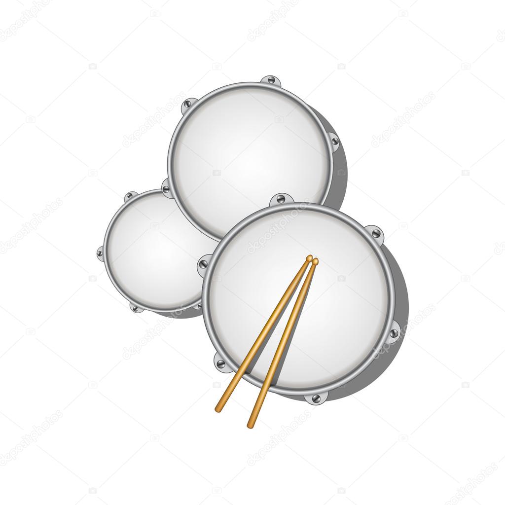 Three drums and pair of wooden drumsticks