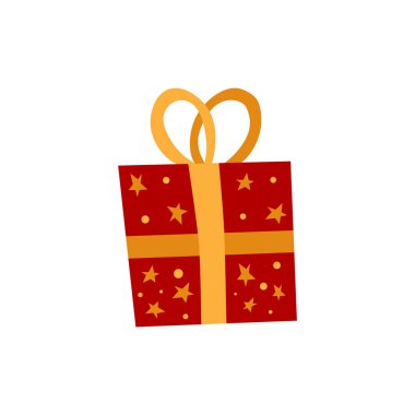 Elle çizilmiş illüstrasyon. Fiyonklu kırmızı bir hediye kutusu resmi. Hediye paketleme, kartpostallar, ağ, tasarım, tekstil, etiketler için vektör.