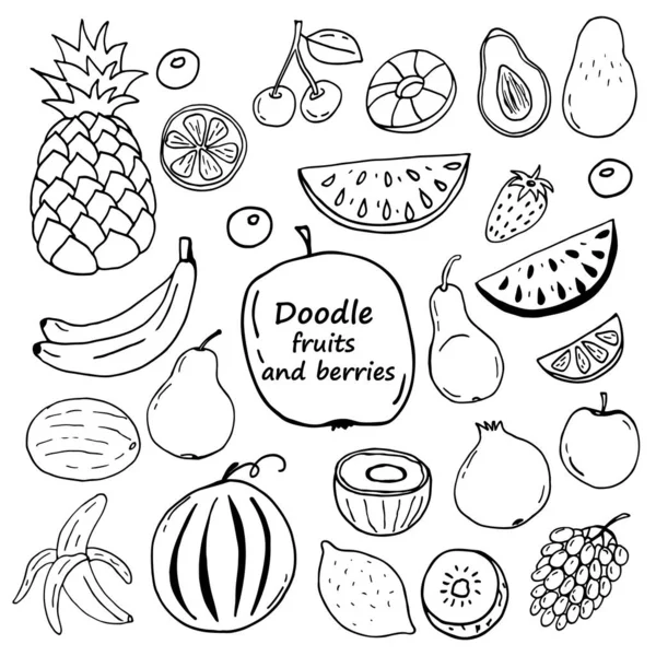 Uppsättning Doodle Bilder Frukt Och Bär Vektorbild Handritad Bild För — Stock vektor