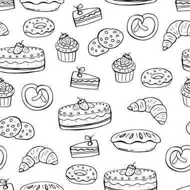 Hamur işleri ve tatlılarla kusursuz desen. Elle çizilmiş bir yemeğin resmi. Web, yazdırma, tekstil için vektör.