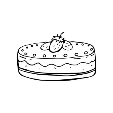 Çilekli kek karalamaları. Elle çizilmiş bir yemeğin resmi. Web, yazdırma, tekstil için vektör.