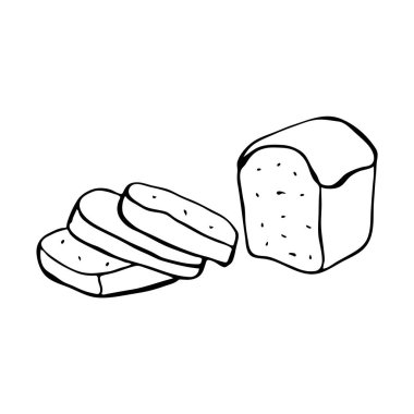 Dilimlenmiş ekmeğin karalama resimleri. Elle çizilmiş bir yemeğin resmi. Web, yazdırma, tekstil için vektör.